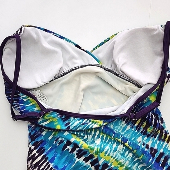 Speedo One Piece Swimsuit Multi Blue Teal  Trim V-Neck Adjustable Straps Size 8 - Picture 5 of 14